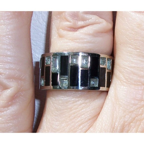 STAINLESS STEEL Sea Blue CZ Art Deco Band Ring - Picture 12 of 16